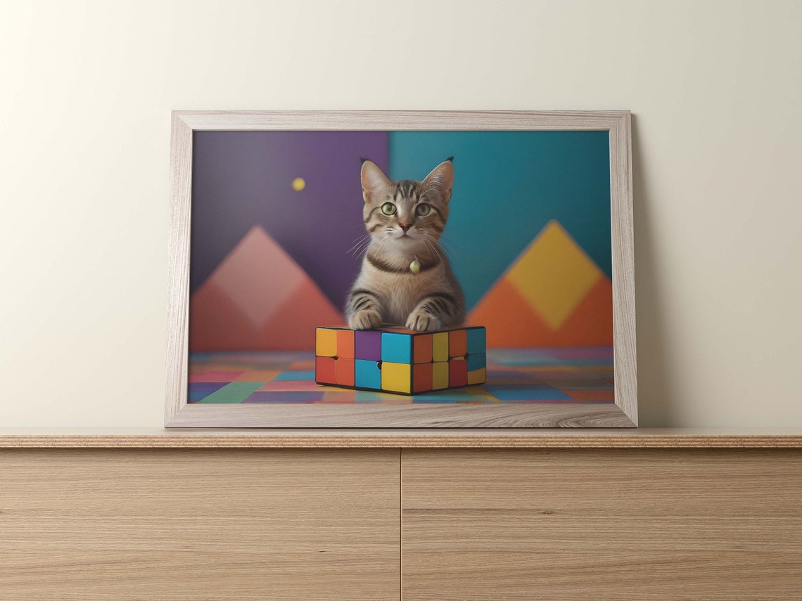 Tabby Kitten With Paws On Puzzle Cube Geometric Colorful Poster - Image 2