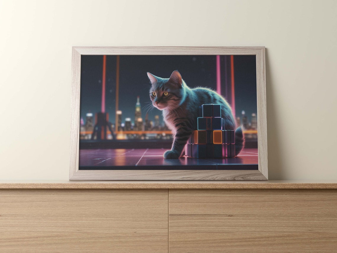 Tabby Cat With Glowing Cubes Under Neon Night City Lights Poster - Image 2