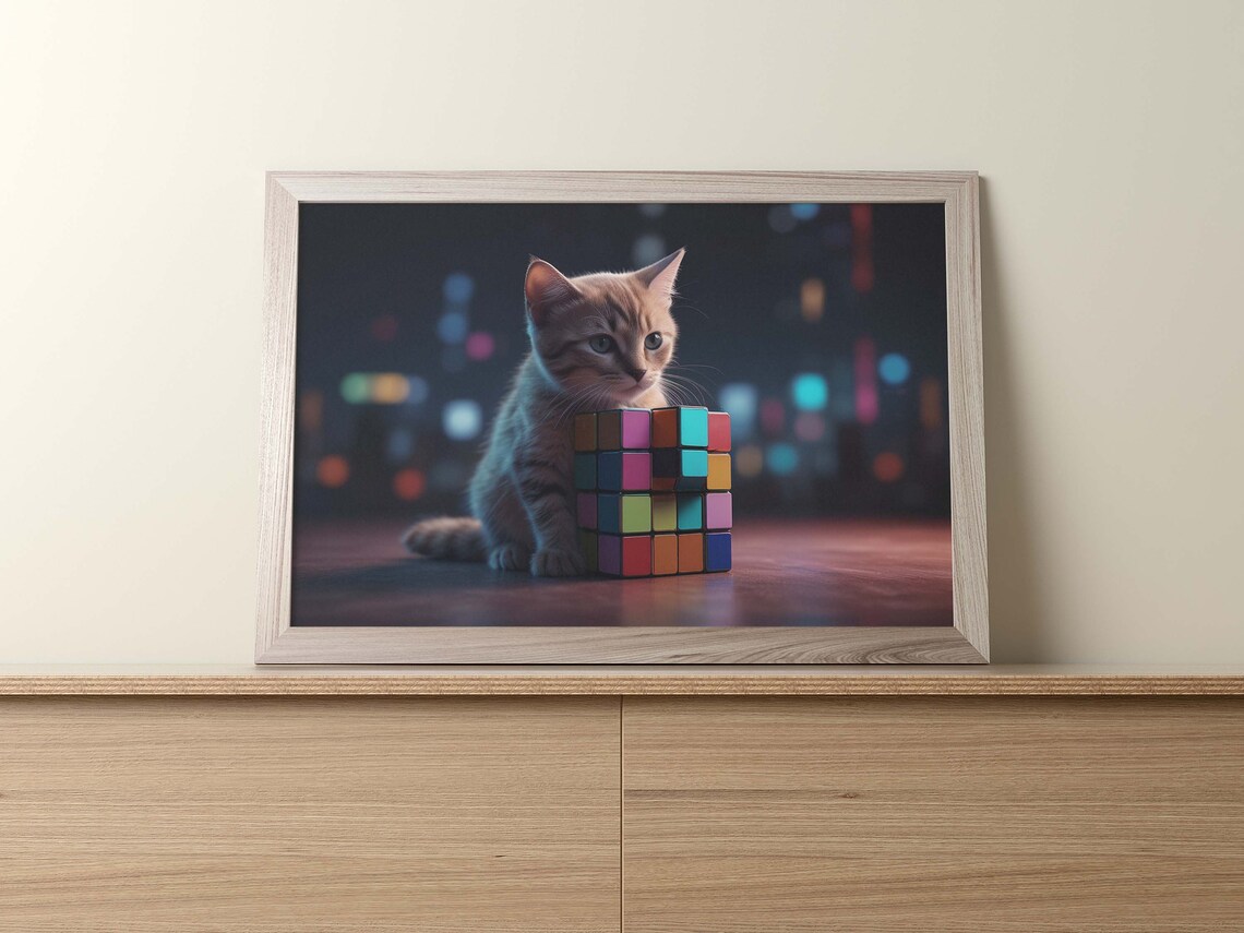 Adorable Kitten With a Colorful Cube Under Sparkling City Night Lights Poster - Image 2