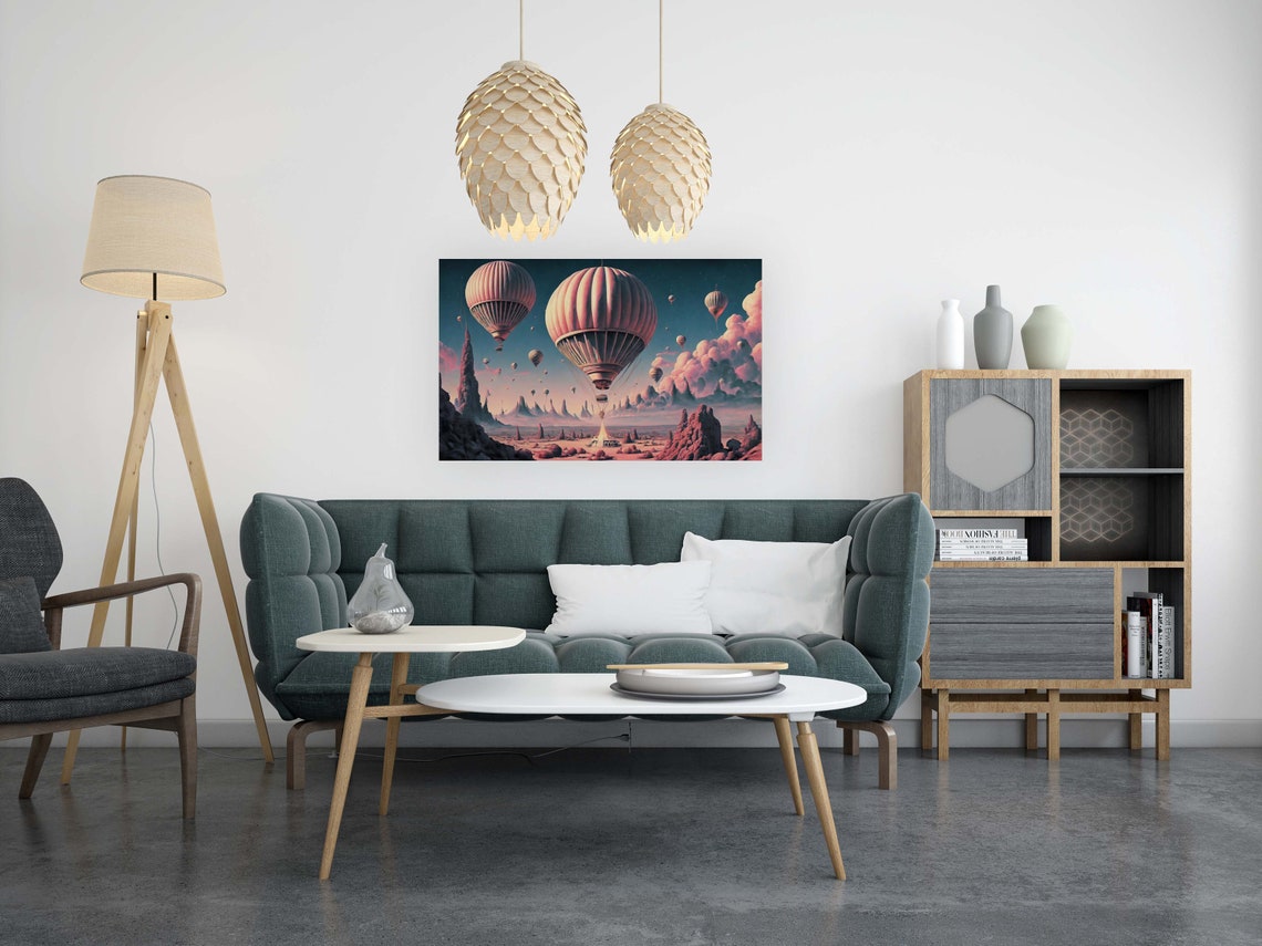Vintage Hot Air Balloons Over Futuristic Desert Valley Poster - Image 2