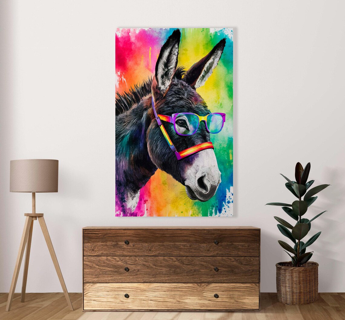 Donkey Wearing Rainbow Glasses Watercolor Funny Pet Portrait Poster