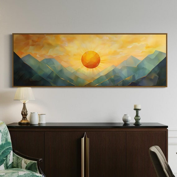 Geometric Style Mountain Sunrise Panoramic Mountain Wall Art Print Perfect Long Narrow Print For Above Bed Or Couch Decor