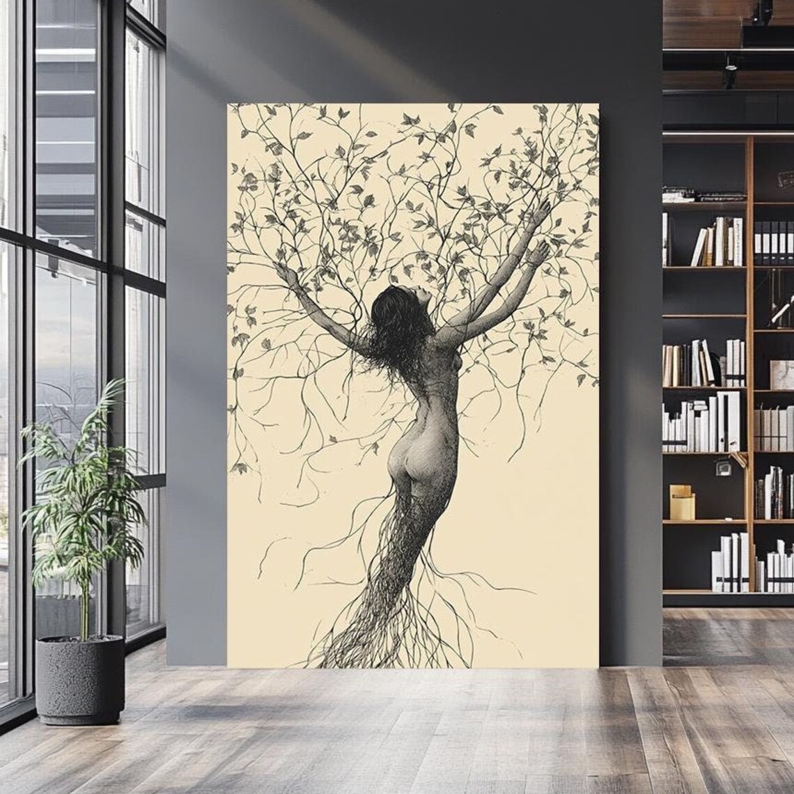 Ethereal Tree Woman Botanical Line Art Feminine Surreal Nature Poster