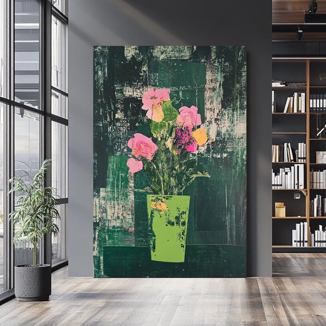 Pink Blossoms Lime Green Vase Distressed Dark Floral Art Print Poster