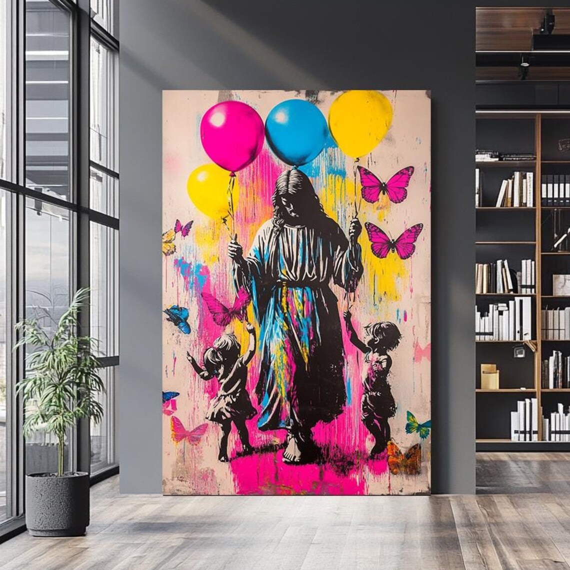 Jesus With Children Neon Balloons Butterflies Street Art Christian Wall Poster
