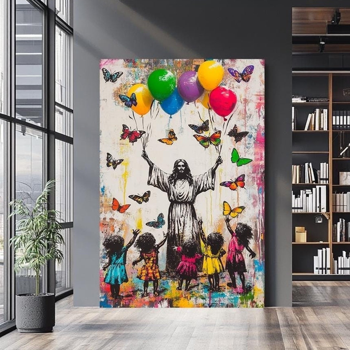 Jesus With Girls Balloons Butterflies White Robe Drip Painting Poster