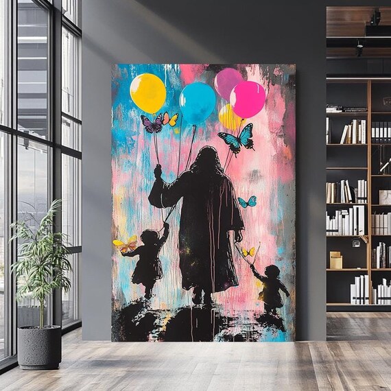 Jesus Silhouette With Children Balloon Strings Pink Blue Drip Art Poster