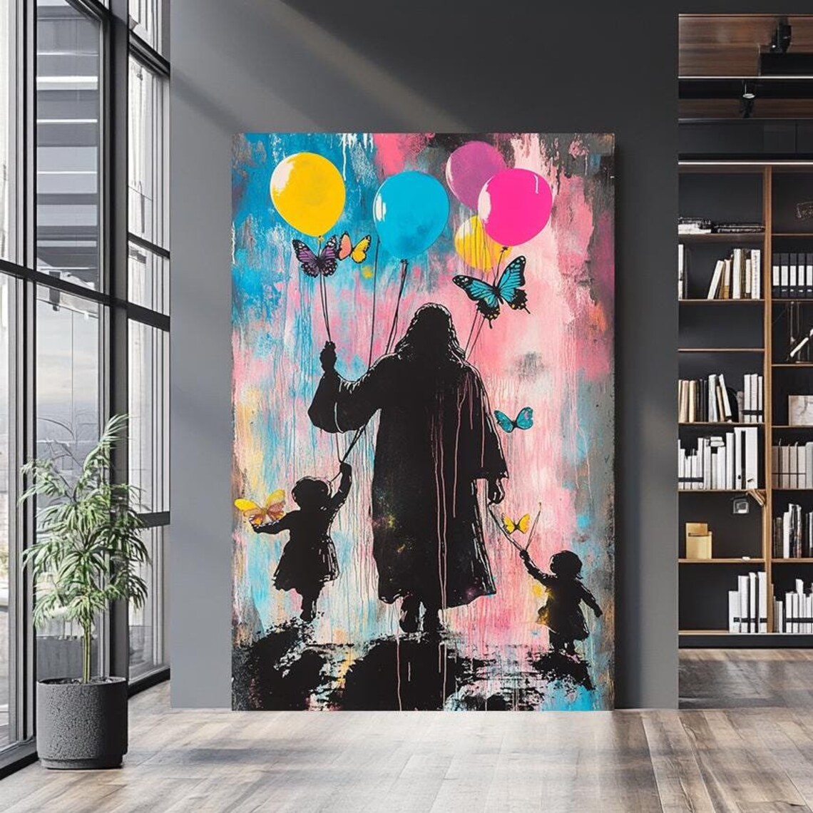 Jesus Silhouette With Children Balloon Strings Pink Blue Drip Art Poster