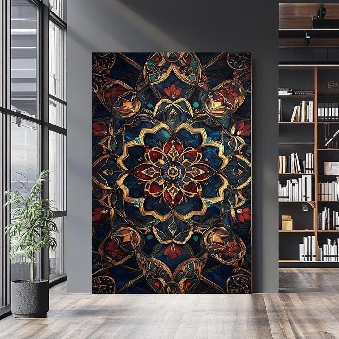 Luxury Gold Mandala Ornamental Floral Medallion Dark Navy Wall Art
