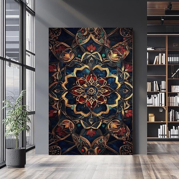 Luxury Gold Mandala Ornamental Floral Medallion Dark Navy Wall Art