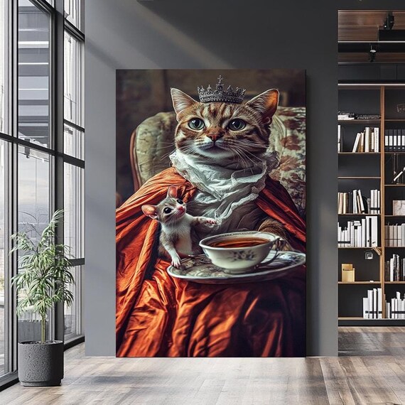 Elegant Crowned Cat Royal Portrait With Mouse Tea Cup Whimsical Wall Art Poster