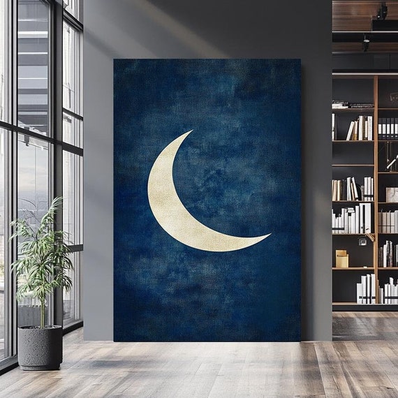 Minimalist Crescent Moon Wall Art Night Sky Decor Vintage Wall Art Minimalist Moon Wall Art Navy Blue Night Sky Painting