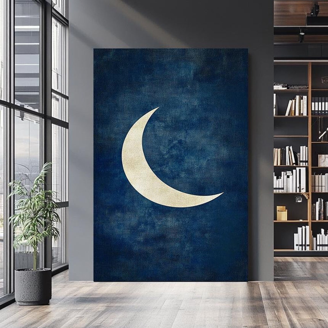 Minimalist Gold Crescent Moon Over Navy Blue Night Sky Wall Art
