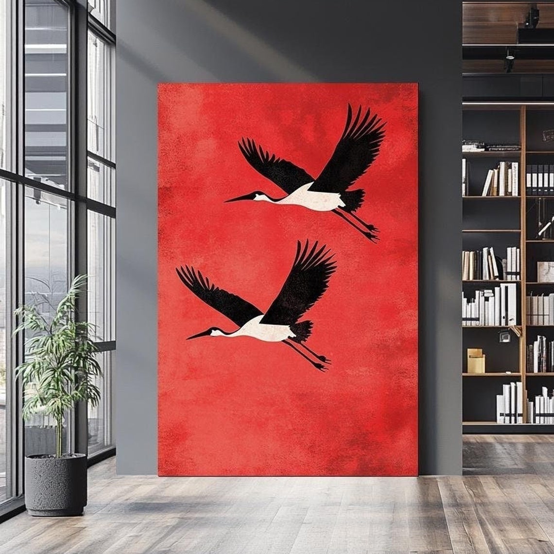 Japanese Black White Cranes in Flight Bold Red Background Wall Art