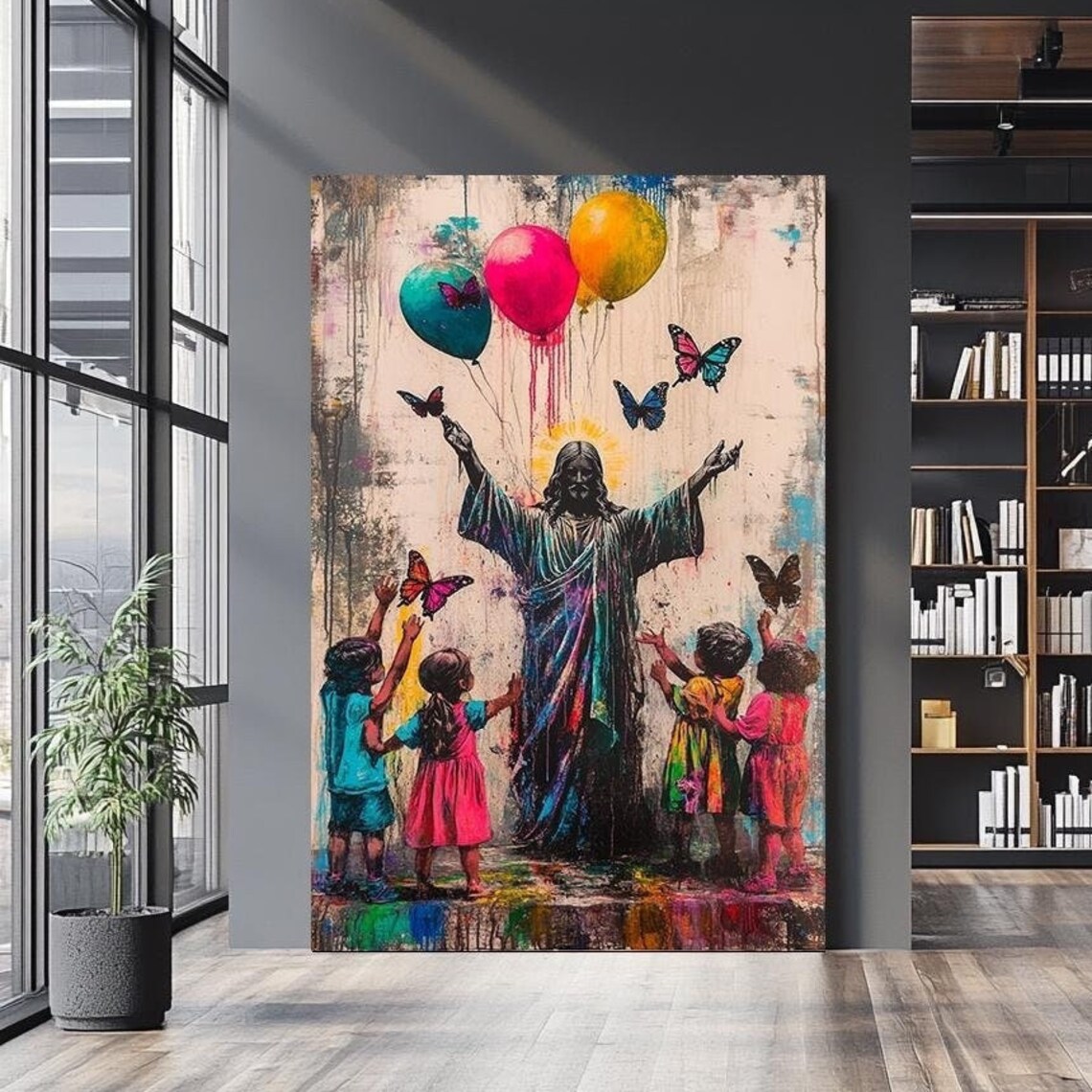 Haloed Jesus Multicolor Robe Children Balloons Butterfly Drip Art Poster