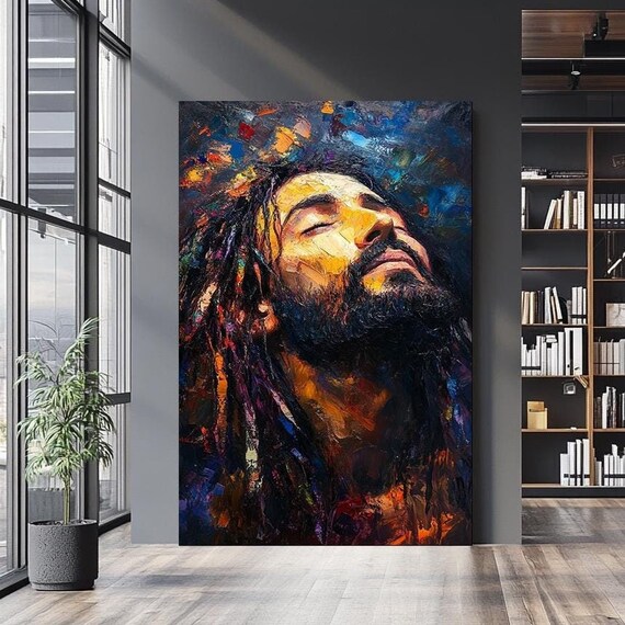 Jesus Portrait Looking Upward Impasto Palette Knife Fiery Oil Painting Poster