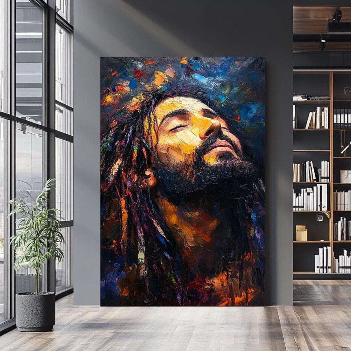Jesus Portrait Looking Upward Impasto Palette Knife Fiery Oil Painting Poster