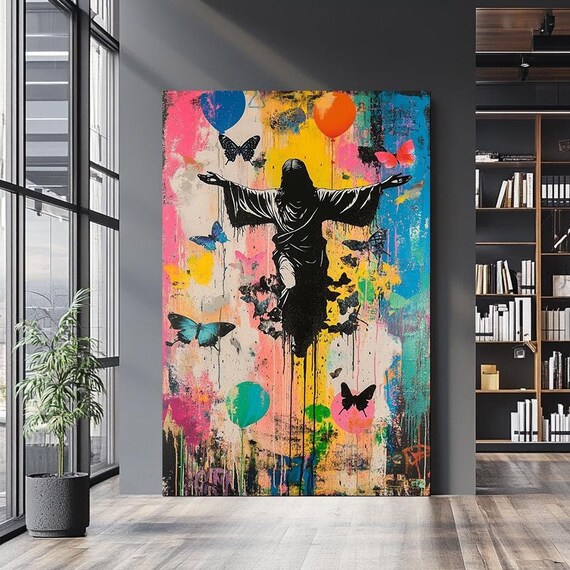 Jesus Silhouette Ascending Butterflies Multicolor Drip Street Art Poster