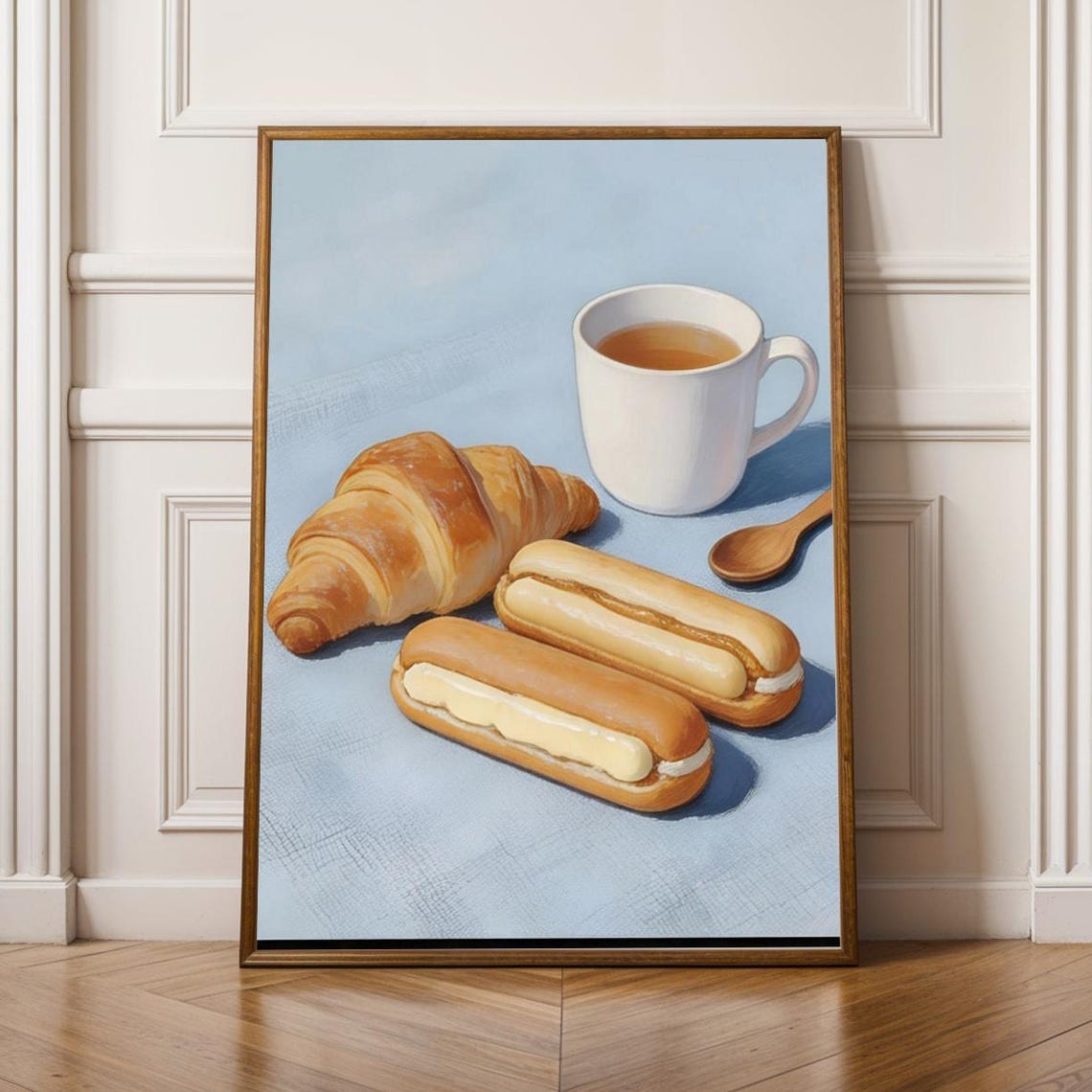 Croissants And Coffee Poster Illustration Light Blue Cream Tones