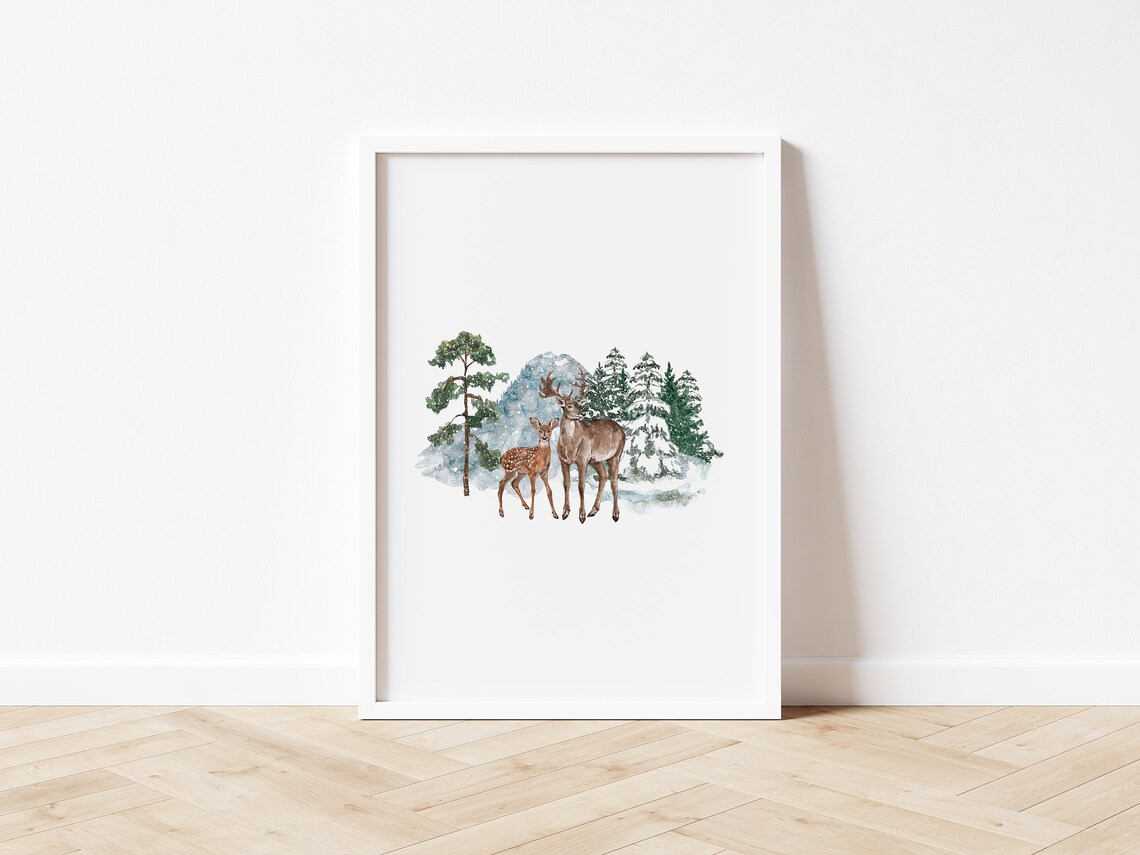 Watercolor Deer Buck Fawn Snowy Pines Winter Christmas Animal Print - Image 3