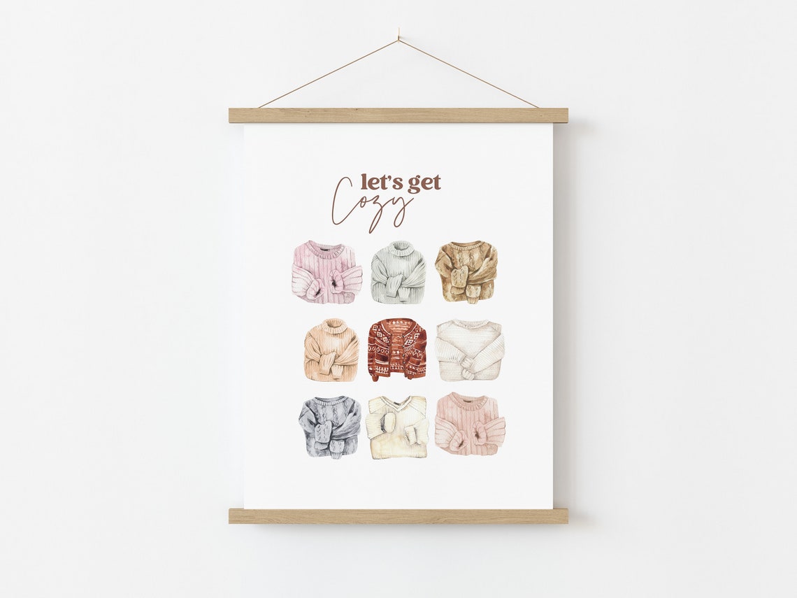 Lets Get Cozy Watercolor Knit Sweaters Print Neutral Winter Wall Art - Image 4