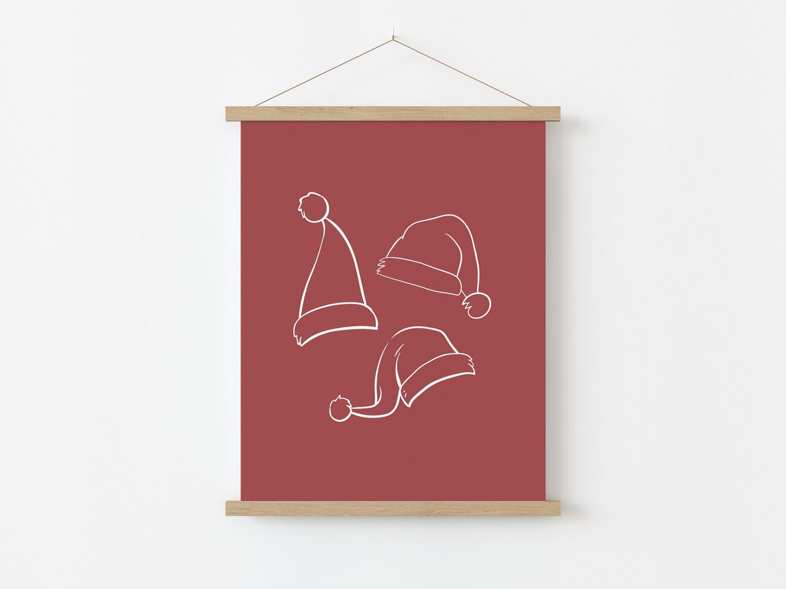 Santa Hats Line Art Print White On Red Minimal Modern Christmas Poster - Image 2