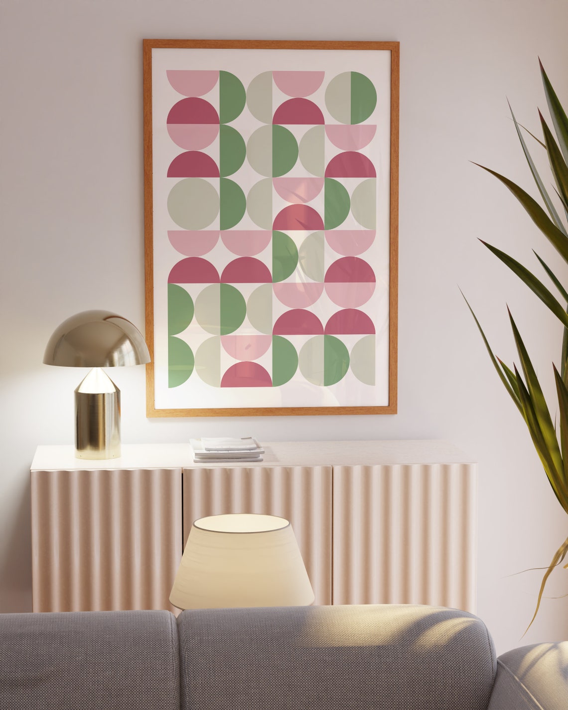 Pink and Green Semicircle Grid Bauhaus Geometric Abstract Poster - Image 2