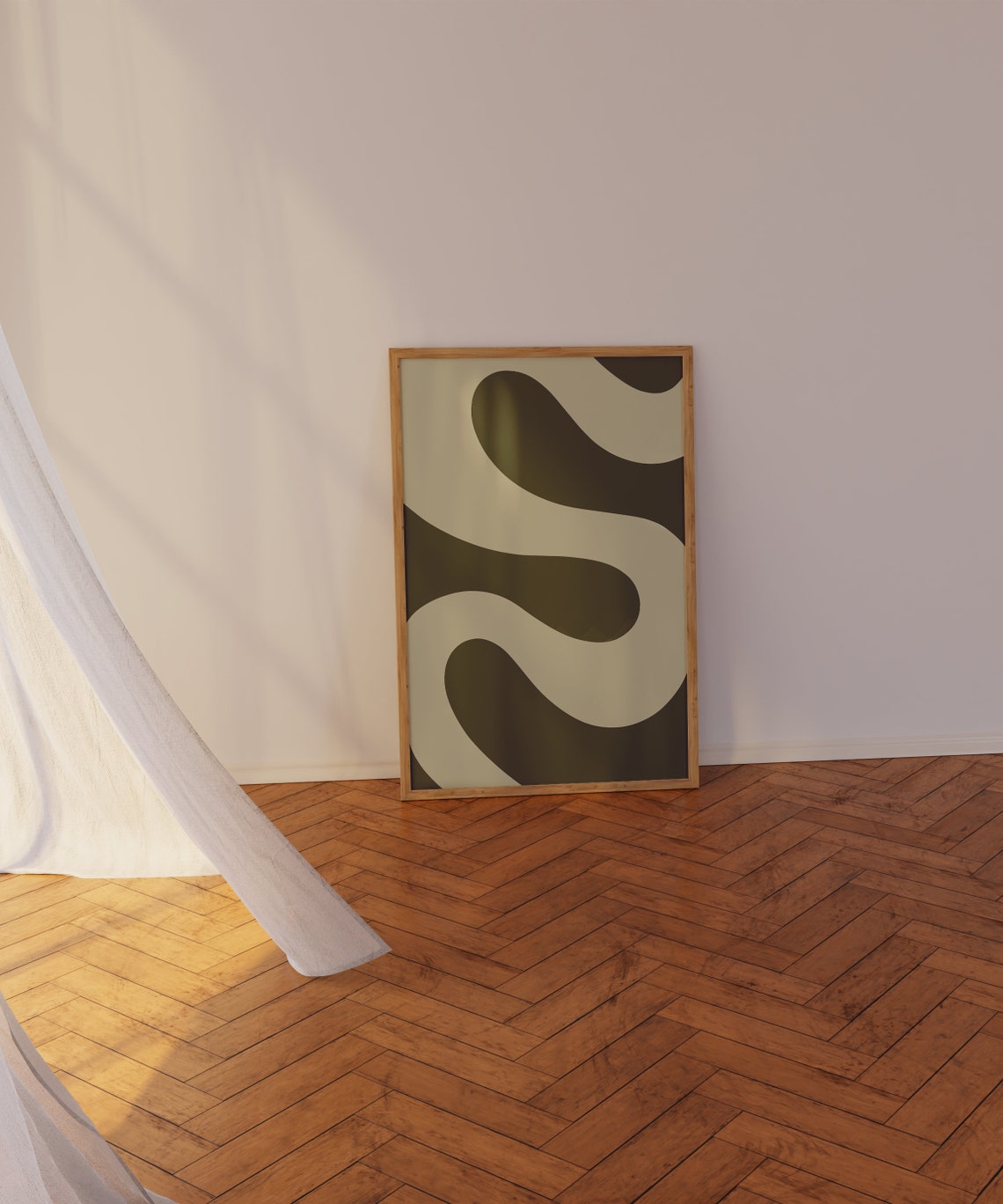 Olive Green Wavy Curves Abstract Cream Minimalist Wall Poster - Image 2