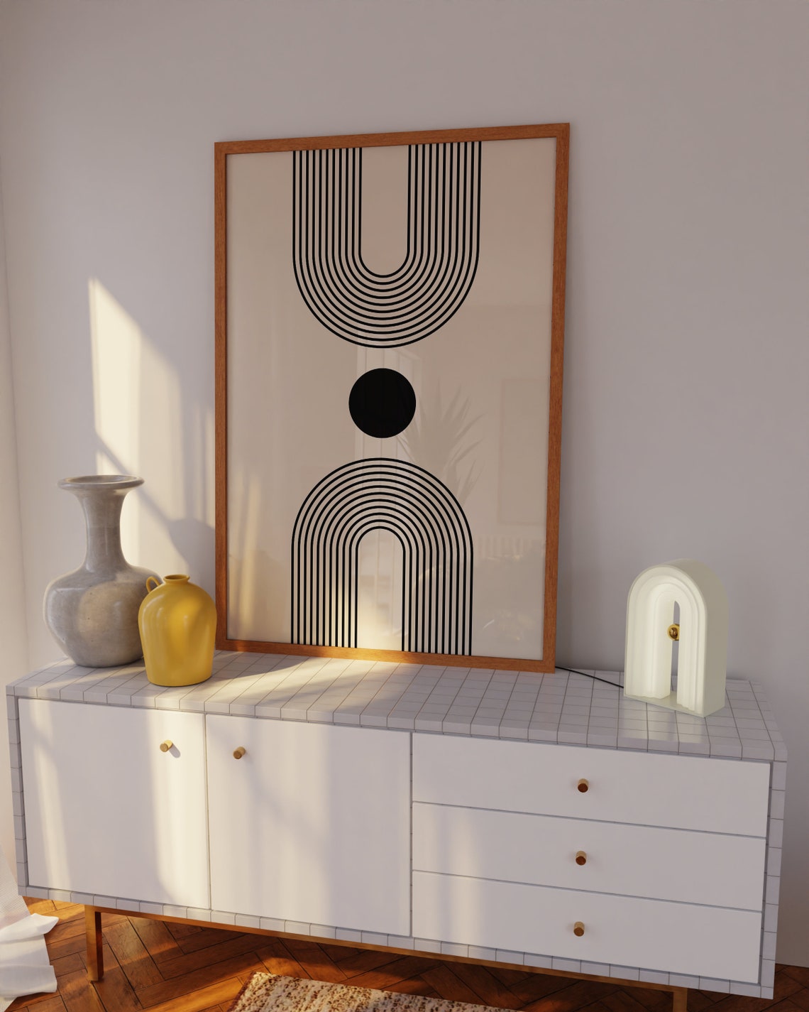 Mid Century Modern Mirrored Arch Stripes Single Dot Abstract Poster - Image 2
