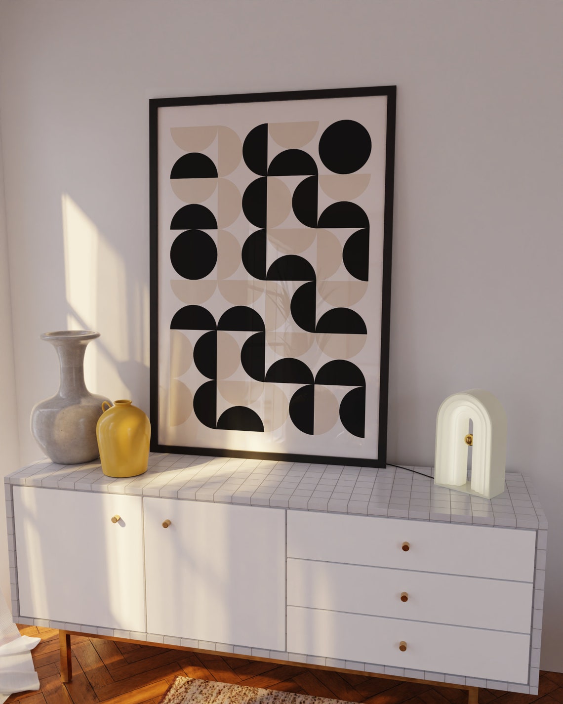 Black Beige Half Circle Pattern Grid Mid Century Modern Poster - Image 4