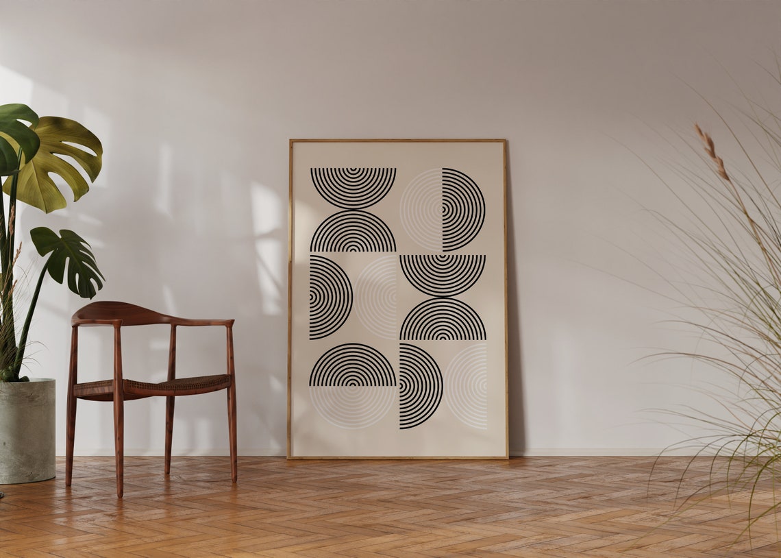 Mid Century Modern Bauhaus Semicircle Grid Black Beige Wall Poster - Image 4