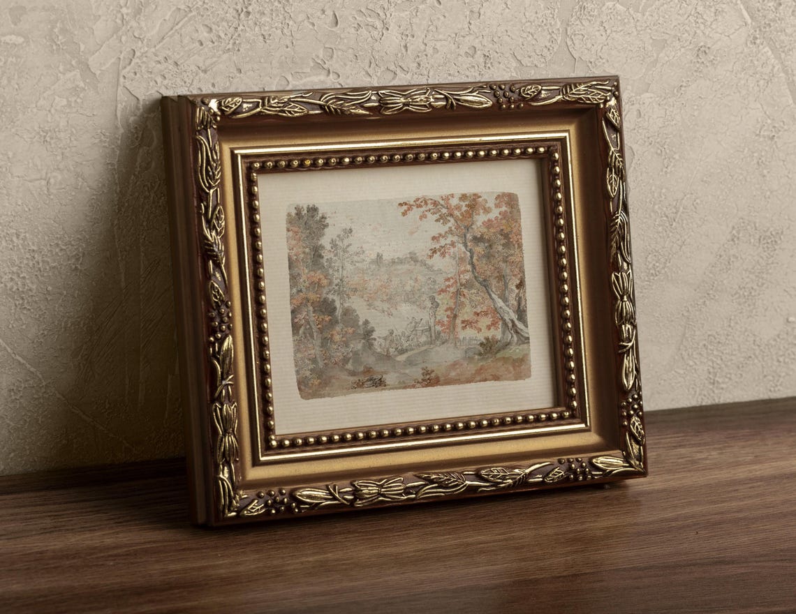Delicate Autumn Watercolor Park Figures Distant Town Art Print - Image 2