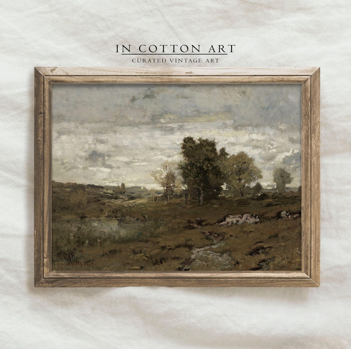 Rustic Moorland Landscape Trees Cloudy Sky Vintage Oil Painting - Image 4