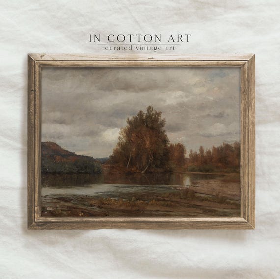 Moody Autumn Oil Painting Vintage Fall Lake Landscape Art Print Warm Earty Wall Art P256