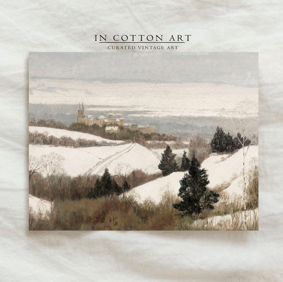 Snowy Rolling Hills Distant Town Spires Framed Winter Painting - Image 4