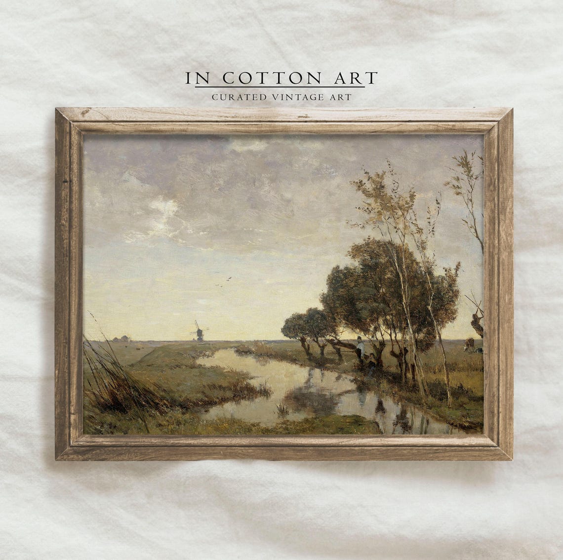 Dutch River Meadow Windmill Cattle Vintage Landscape Oil Painting - Image 4