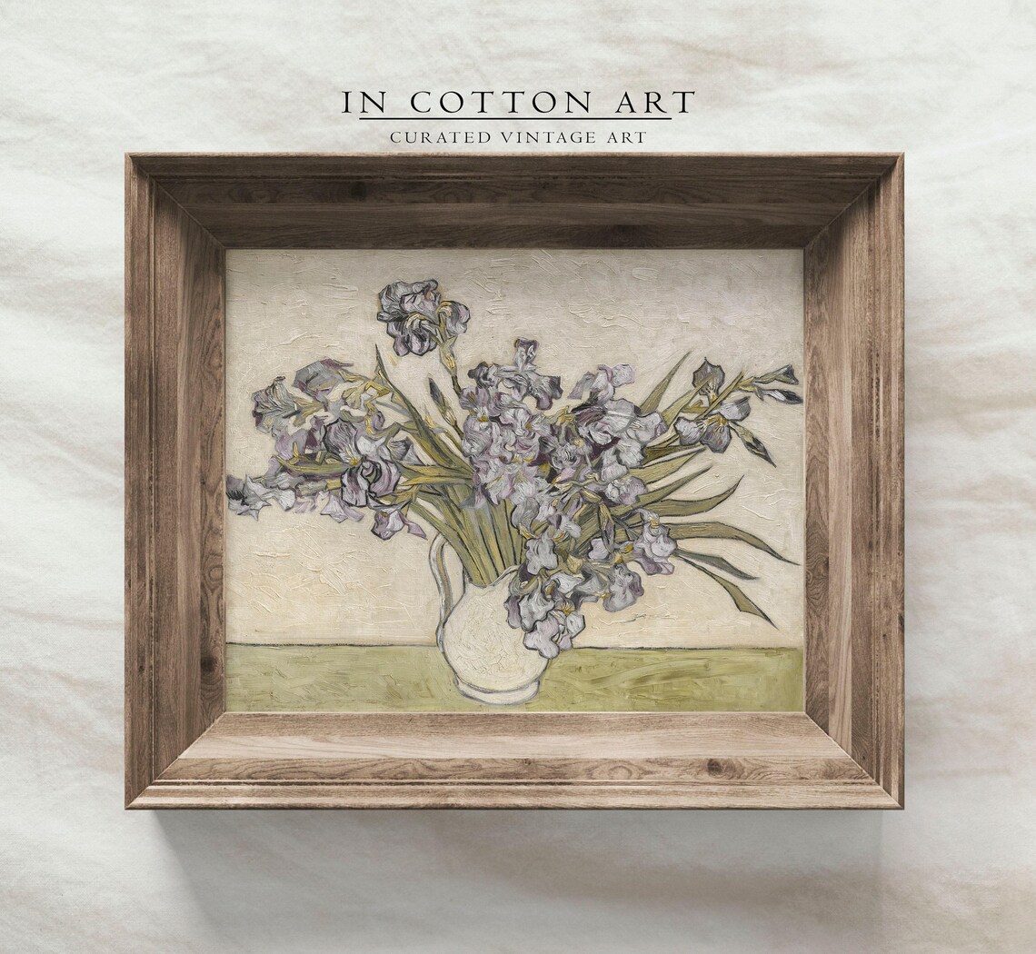 Vintage Iris Oil Painting, Rustic Farmhouse Decor - Image 4