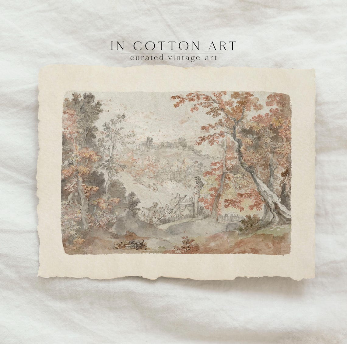 Delicate Autumn Watercolor Park Figures Distant Town Art Print