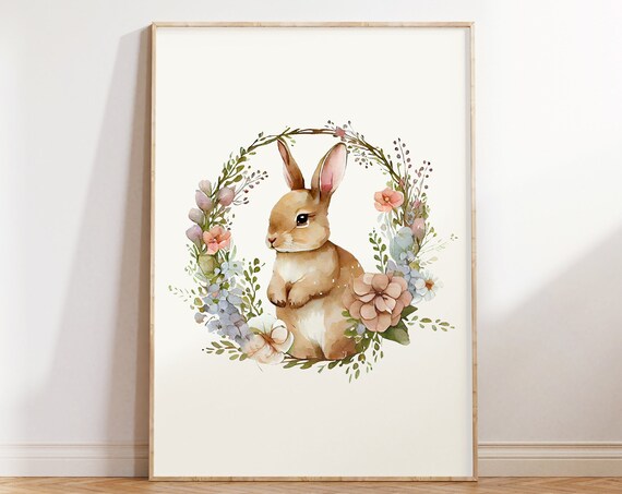 Watercolor Bunny Sitting In Floral Wreath Dusty Pink Rabbit Poster