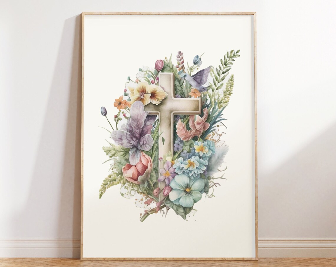 He Is Risen Easter Cross, Christian Watercolor Art