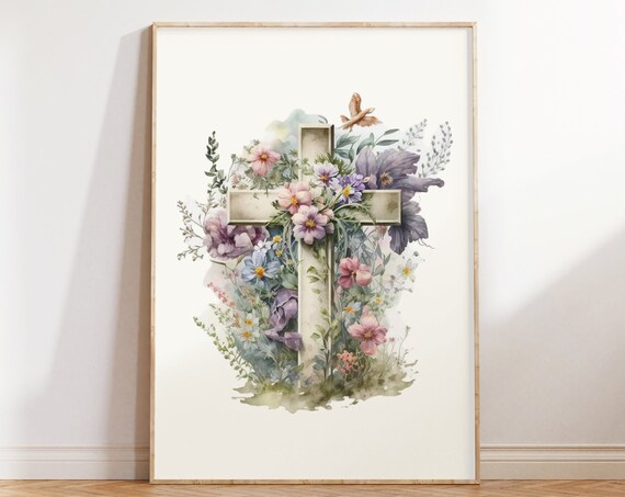 Watercolor Christian Cross With Pink Purple Wildflowers Easter Poster