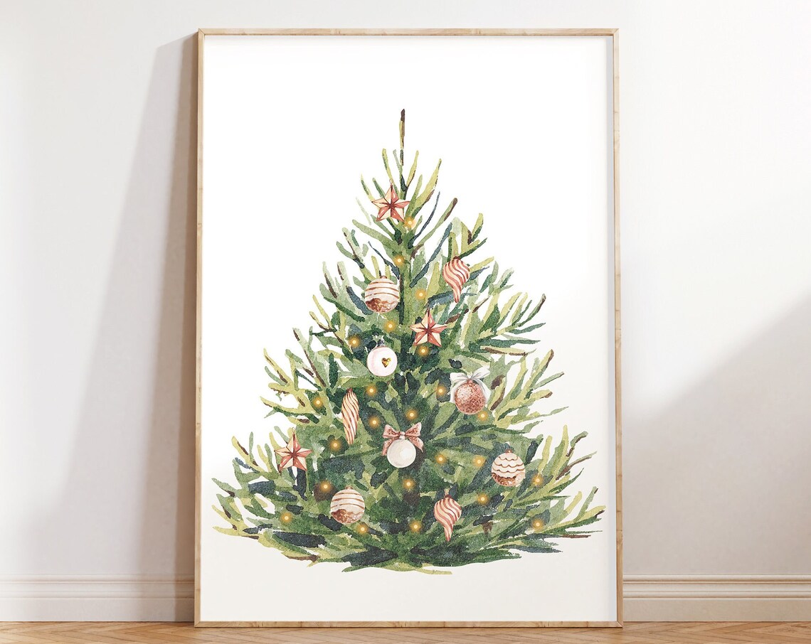 Neutral Watercolor Christmas Tree Ornaments Holiday Decor Poster