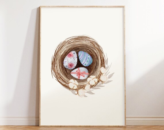 Easter Eggs In Rustic Twine Nest With White Cotton Blossoms Poster