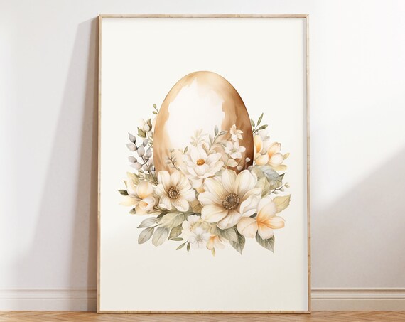 Golden Easter Egg With Cream Floral Wreath Neutral Rustic Poster
