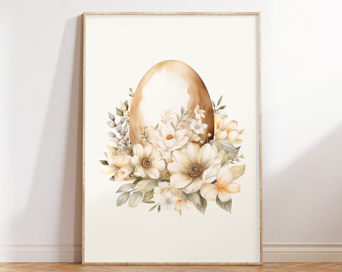 Golden Easter Egg With Cream Floral Wreath Neutral Rustic Poster