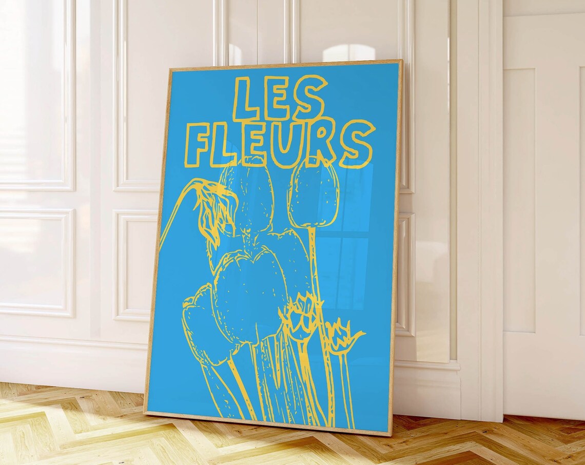 Les Fleurs Yellow On Bright Blue Bold Tulips French Floral Poster