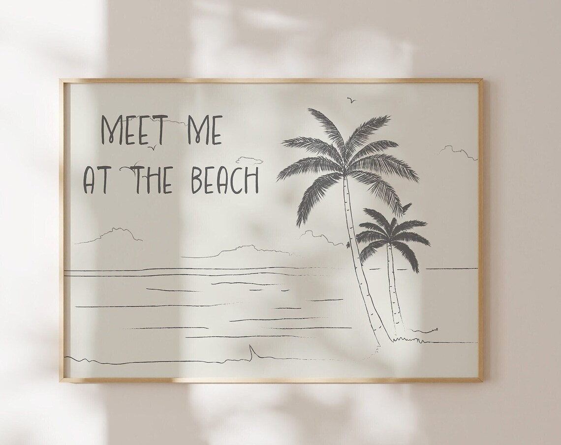 Meet Me at the Beach Charcoal Palm Trees Sketch Coastal Poster