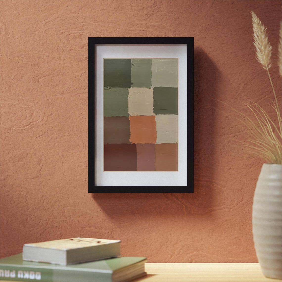 Calm Earthy Checkerboard Blocks Minimalist Abstract Art Poster
