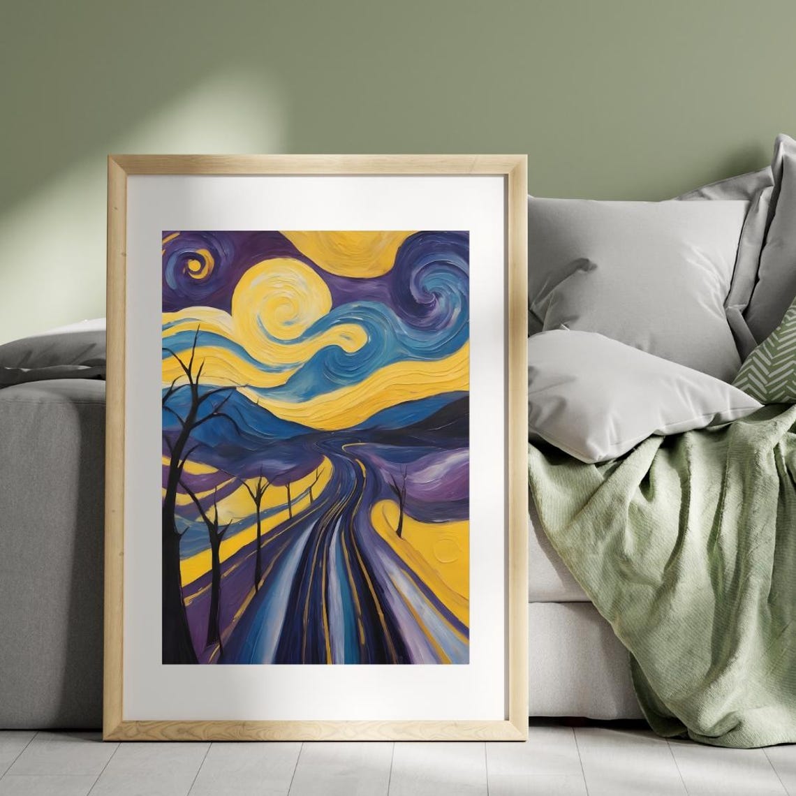 Van Gogh Style Night Highway Road Beneath a Swirling Moon Poster - Image 3