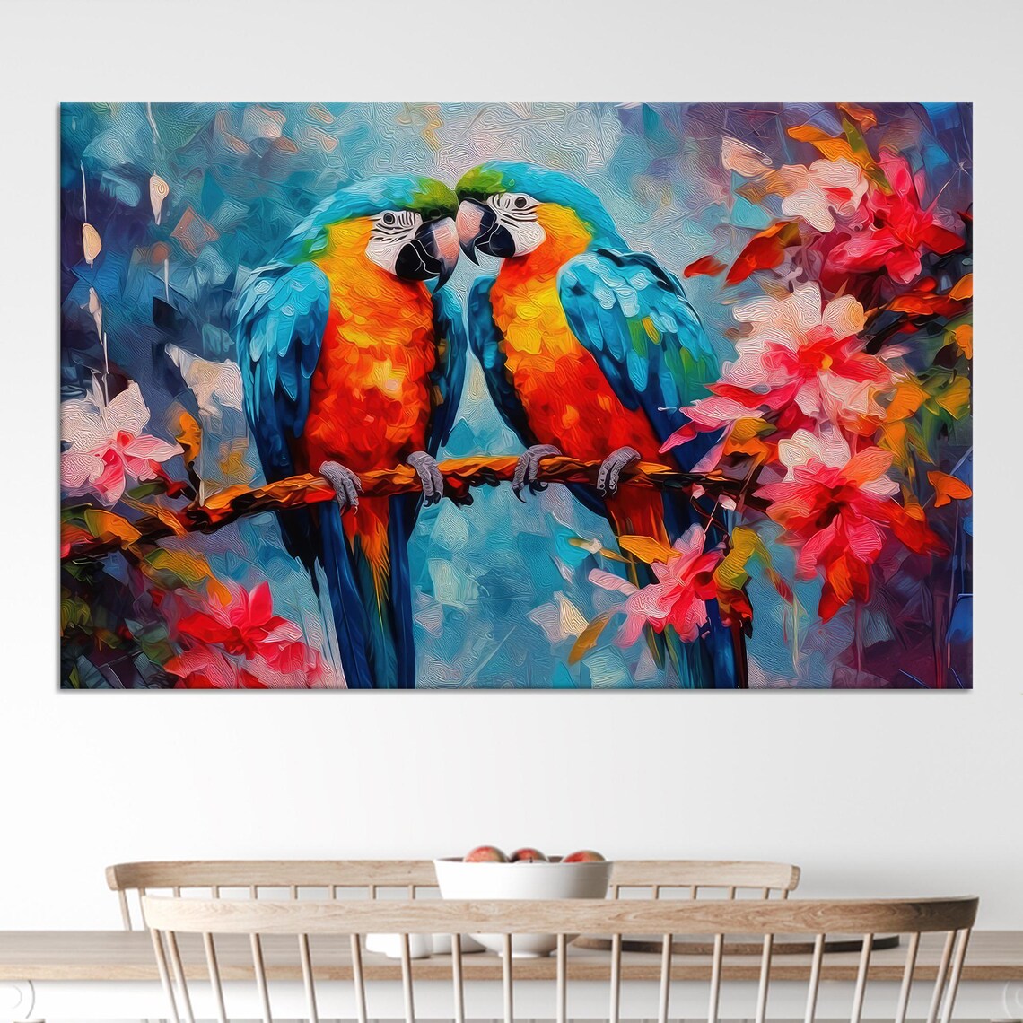 Blue Gold Macaw Parrots Tropical Flowers Painting Decor Poster